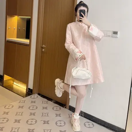 大码女装粉色胖mm春装国风旗袍新款2025新款新中式连衣裙宽松图片
