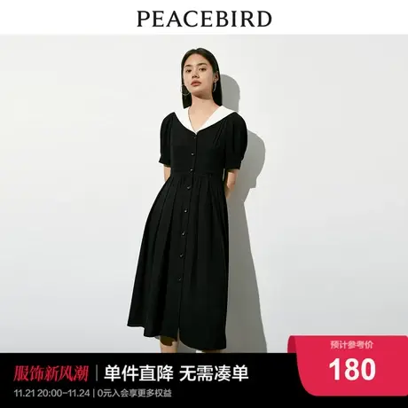 太平鸟 2024春季新款翻领连衣裙V领收腰单排扣小黑裙女士图片