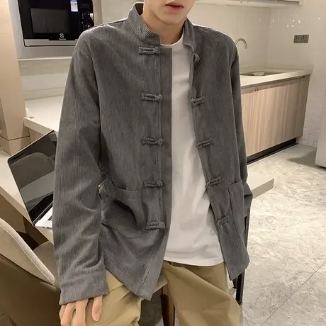秋冬季灯芯绒长袖衬衫男2023港风复古宽松盘扣中式大码青年潮衬衣图片
