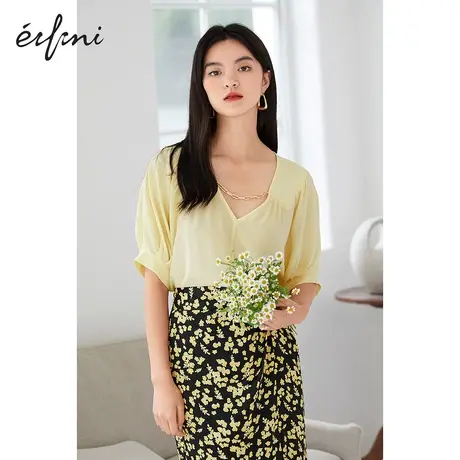伊芙丽短袖气质衬衫薄款女2021年夏季新款韩版真丝v领女士小上衣图片