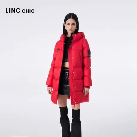 LINC金羽杰2023秋冬新品都市机能加厚防风保暖中长款连帽羽绒服女图片
