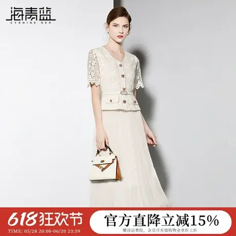 海青蓝 蕾丝短袖连衣裙女2025年新款夏季女装时尚气质高级百褶裙图片