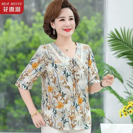 中年妈妈夏装雪纺衫中老年女装夏季衣服短袖纯棉t恤上衣洋气小衫图片