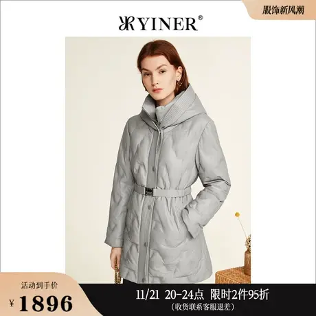 YINER音儿线上专选女装冬季保暖连帽羊皮真皮白鹅绒收腰羽绒服图片