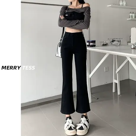 小个子黑色微喇牛仔裤女2023春秋新款高腰显瘦弹力八分九分喇叭裤图片