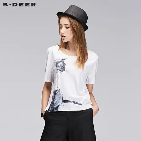 sdeer圣迪奥2019夏漆印束腰飘带及膝不规则衬衫裙连衣裙S17281245图片