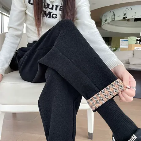 九分毛呢哈伦裤女冬季新款高腰直筒显瘦卷边加厚羊绒休闲运动卫裤图片