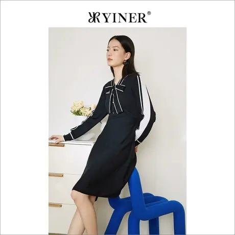 YINER音儿女装2022春季新款撞色蝴蝶结羊毛针织连衣裙图片