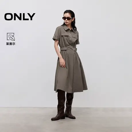 ONLY2025夏季新款工装风翻领收腰显瘦中长裙短袖衬衫裙连衣裙女图片
