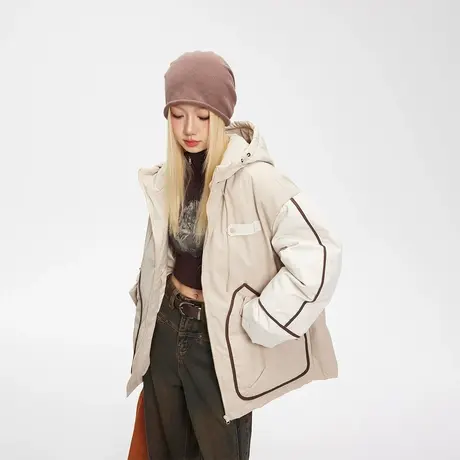 复古潮牌拼接连帽保暖棉服女冬季加厚外套2023新款宽松设计感棉衣图片