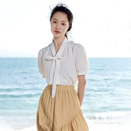茵曼法式气质衬衣2023夏季女装新款系带领修身显瘦泡泡袖短袖衬衫图片