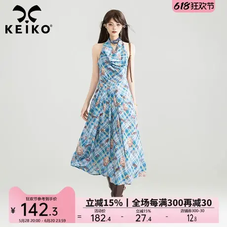 KEIKO 复古格纹挂脖荡领连衣裙25夏季御姐风性感露背显瘦吊带长裙图片