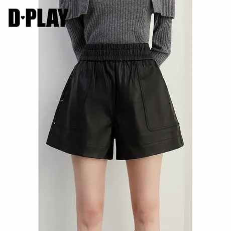 DPLAY秋季新品气质通勤黑色松紧腰哑光pu皮短裤裤子女图片