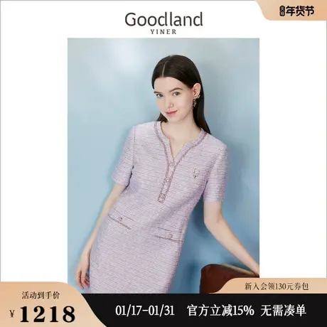 Goodland美地女装夏小香风粗花呢收腰修身通勤连衣裙图片