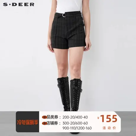 S·DEER圣迪奥女装冬季复古腰带压褶撞色格纹A字短裤S21460910商品大图