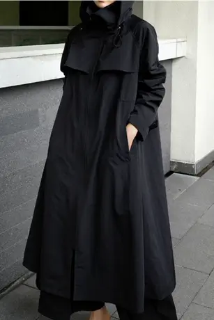 纯诗曼春秋新款韩版女装宽松大码斗篷型连帽时尚中长款风衣外套女图片