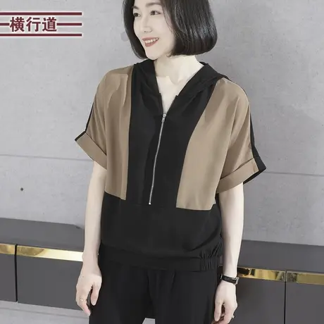 2023夏季新款简约休闲连帽拉链撞色宽松短袖雪纺衫女上衣外穿大码图片