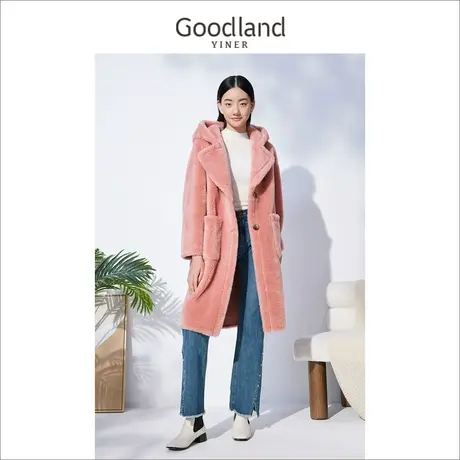 音儿美地女装2022冬季新款羊剪毛纯羊毛连帽呢子大衣外套图片