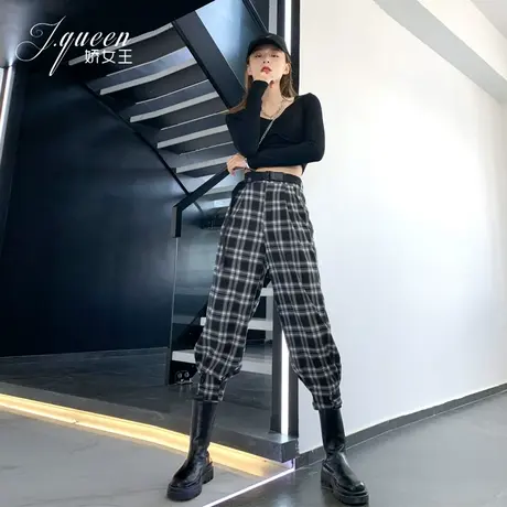 格子哈伦裤女高腰裤秋冬新款韩版宽松萝卜裤休闲九分束脚加绒裤子图片