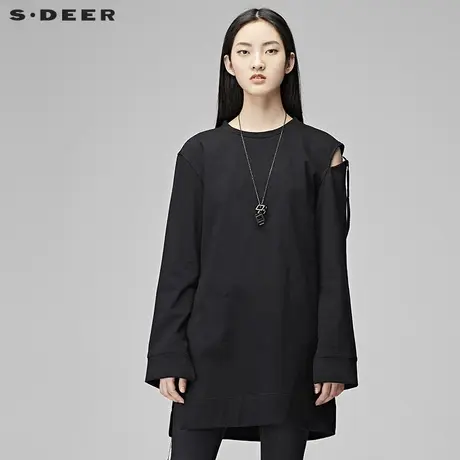 sdeer圣迪奥2018冬装条纹毛呢拼接飘带不规则长裙连衣裙S17481216图片