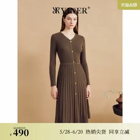 YINER音儿专选2024冬季新款丝光羊毛V领A字针织连衣裙图片