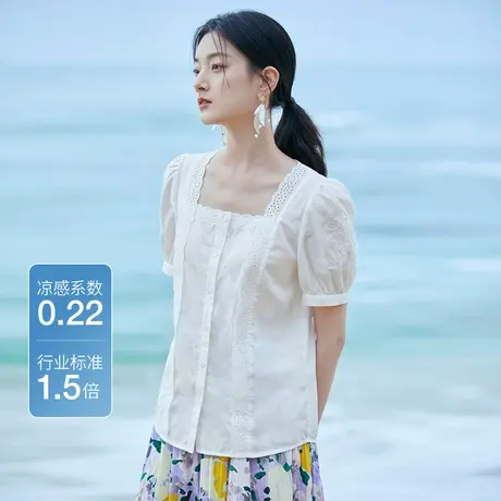 茵曼文艺清新衬衣2023夏女装新款方领短袖泡泡袖门襟镂空绣花上衣图片