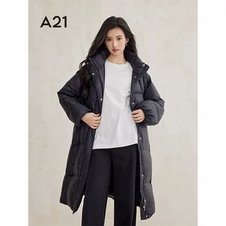 A21女装长款黑色羽绒服2024冬季新款韩版设计感连帽过膝鸭绒套外图片