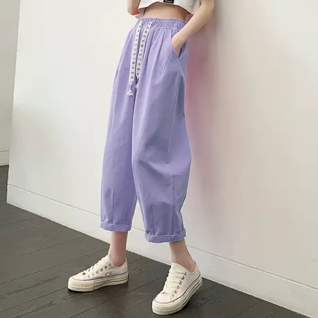 紫色休闲灯笼裤八分小个子2024新款女夏季薄款哈伦萝卜裤九分高腰图片