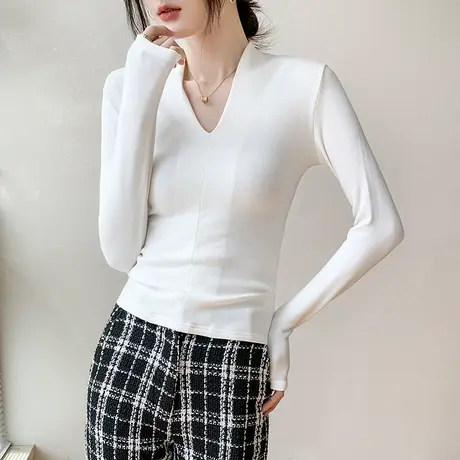深V领长袖磨毛打底衫2023春季女装新款修身显瘦韩版西装内搭上衣图片