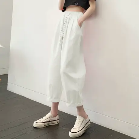 休闲灯笼裤白色夏季薄款2024新款女八分小个子高腰哈伦萝卜裤显瘦图片