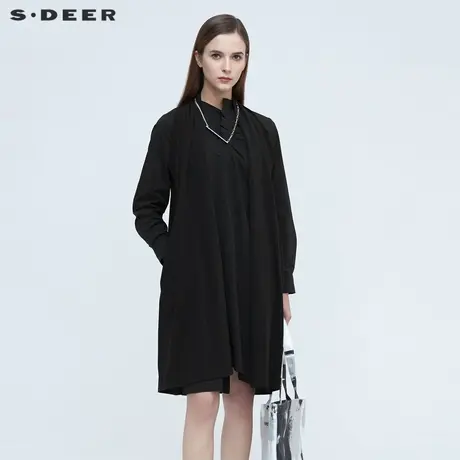 sdeer圣迪奥设计感立领披肩拼接黑色内搭连衣裙长裙S20481214图片