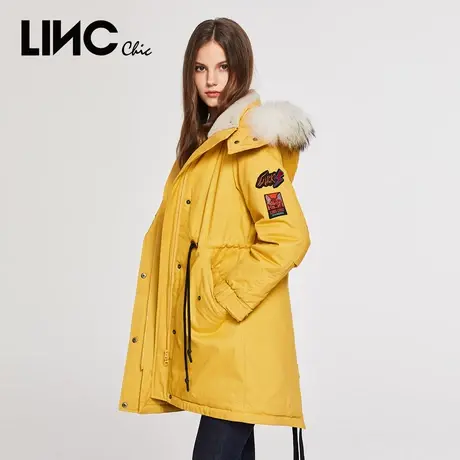 LINC金羽杰羽绒服女中长款2023冬反季专柜连帽毛领修身女款派克服图片
