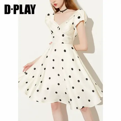 Dplay德帕拉夏季新款复古白色波点短袖收腰显瘦甜美气质连衣裙图片