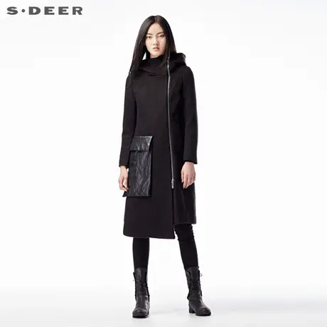 sdeer圣迪奥女2018冬装肌理立体横条斜襟长款风衣外套S16481889图片