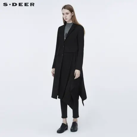 sdeer圣迪奥春装女装平驳领不规则风琴褶黑色长款大衣S20381826图片
