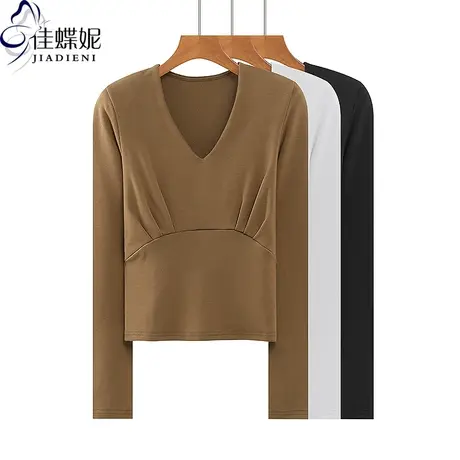 秋冬新款深V领修身加绒加厚保暖纯色褶皱长袖体恤上衣内搭女打底图片