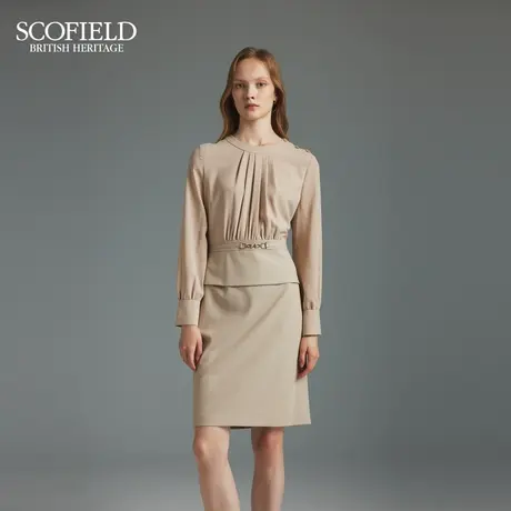 Scofield女装气质褶皱圆领假两件雪纺连衣裙收腰设计感秋季连衣裙图片