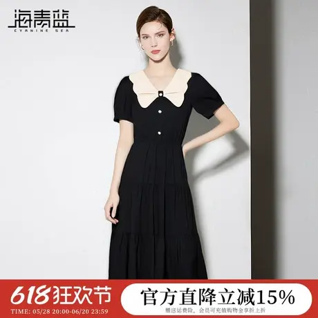 海青蓝 连衣裙夏女2025新款女装高级时尚气质短袖撞色中长款裙子图片