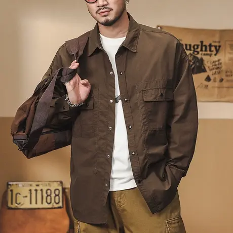 百搭长袖工装衬衫外套男春秋纯色时尚教练服春秋季男士衬衫商品大图