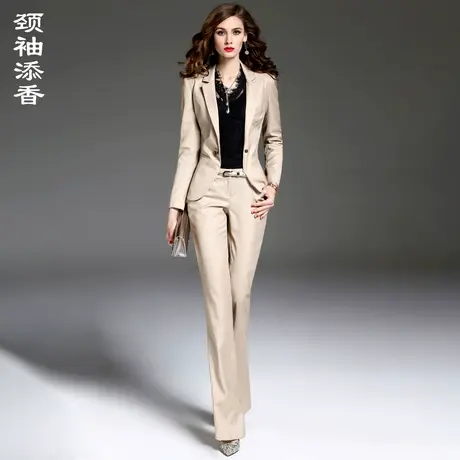 颈袖添香职业套装女西装两件套羊毛卡其色长裤总裁御姐气质商务图片