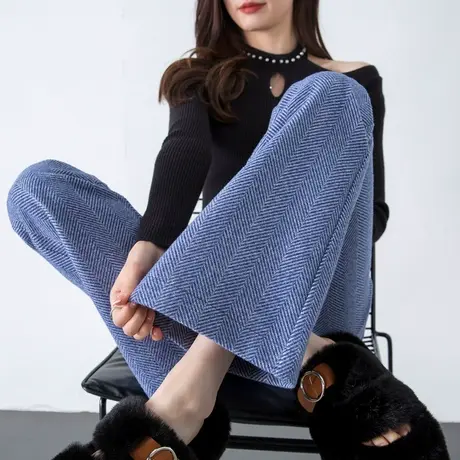人字纹毛呢裤子女新款2024爆款秋冬季今年流行欧货微喇叭裤休闲裤图片
