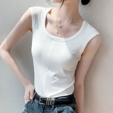 韩版无袖背心女夏季修身显瘦收腰坑条设计感小众纯色薄款u领上衣图片