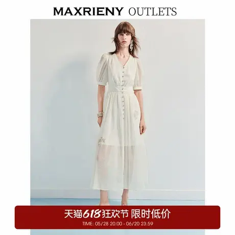 【奥莱】MAXRIENY复古风刺绣连衣裙v领伞摆长裙图片