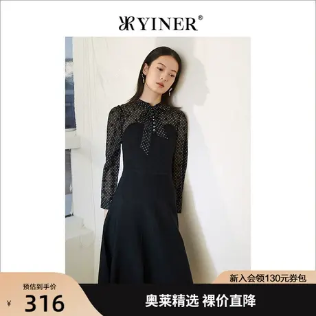 YINER音儿女装2022春季新款波点雪纺袖拼接针织连衣裙图片