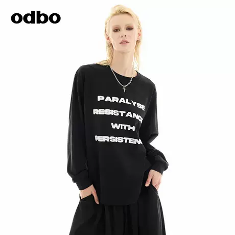 odbo/欧迪比欧美式复古字母印花长袖卫衣2024秋新款针织休闲上衣图片