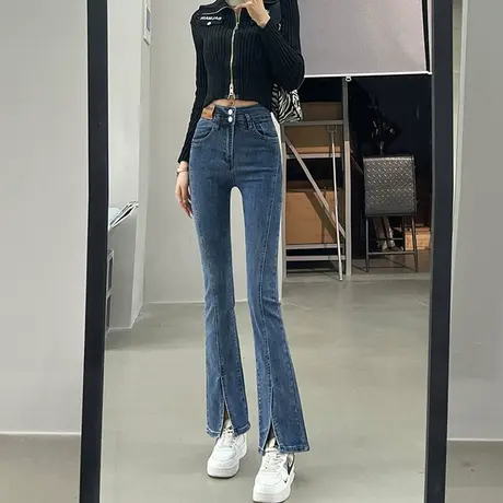 复古蓝微喇叭牛仔裤女春秋2023年新款小个子高腰百搭显瘦开叉裤子图片