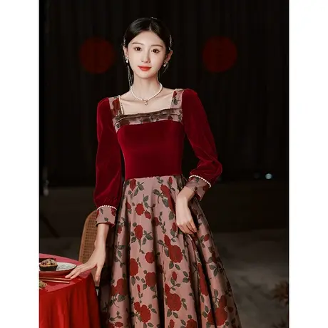 长袖敬酒服新娘2023新款大气冬季订婚酒红色晚礼服女高端轻奢小众图片