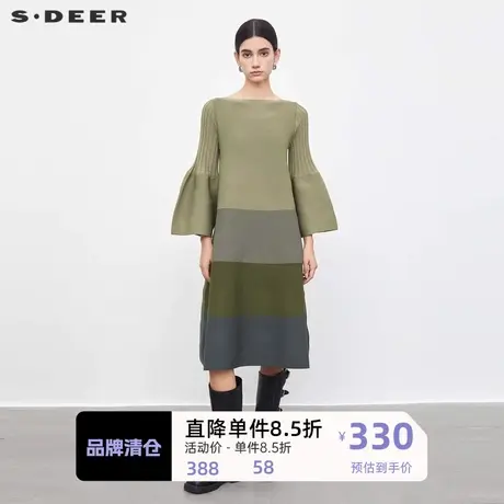 sdeer圣迪奥秋圆领喇叭袖撞色长款针织衫S233Z3501图片