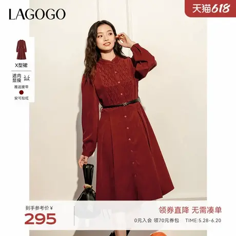 LAGOGO安可拉红收腰连衣裙女拉谷谷2025年春新款法式花边圆领裙子图片