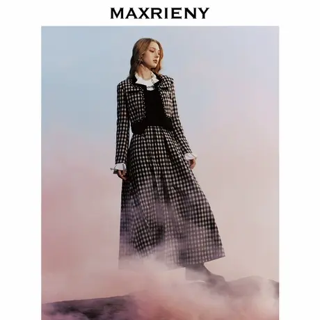【奥莱】MAXRIENY率性复古感花火宫廷半裙收腰大摆格纹长裙图片